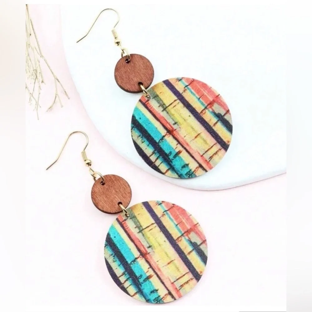 Bohemian Wooden Striped Dangle Earrings - Picture 3 of 3